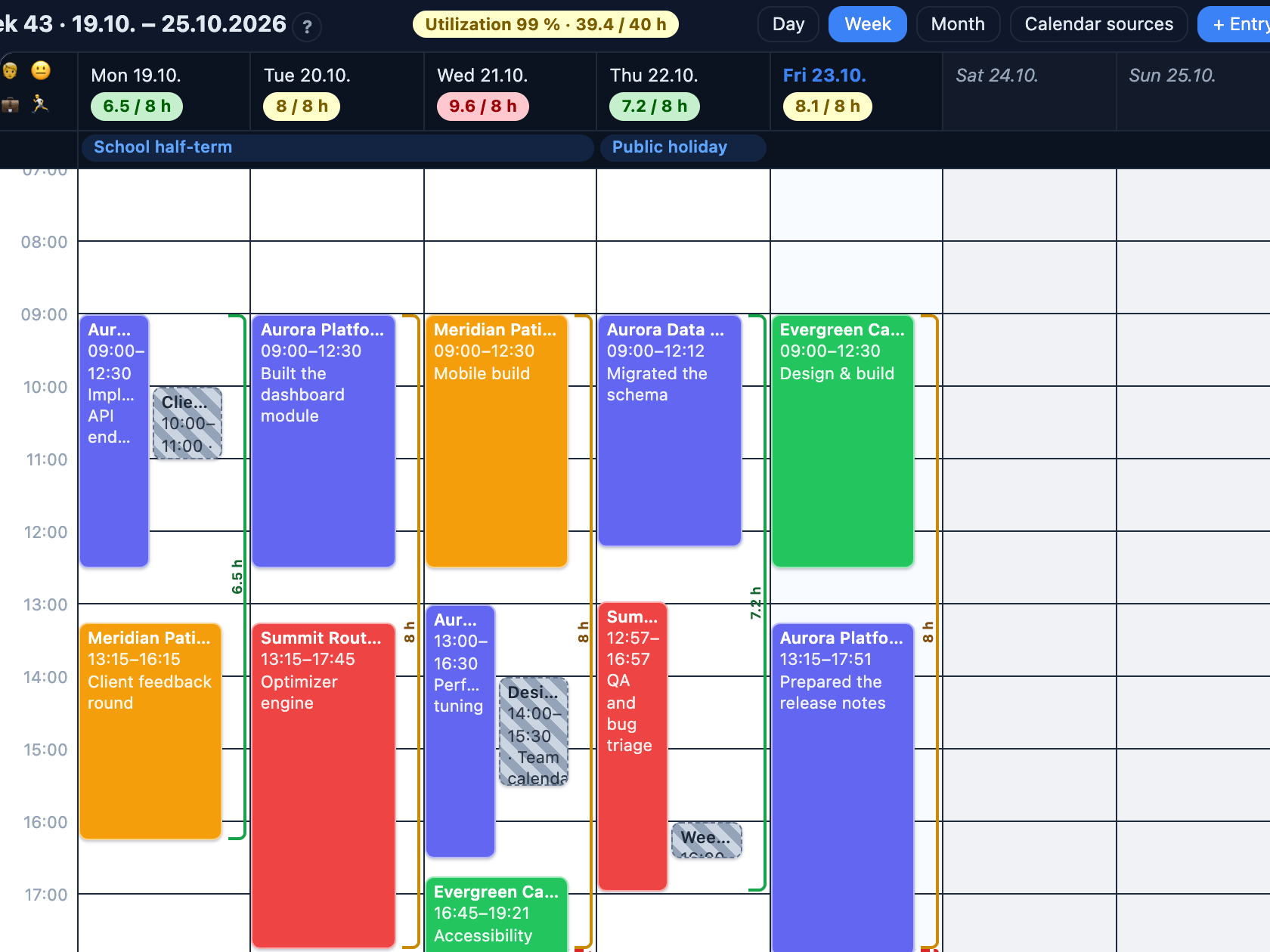 Staff calendar: per-day green/amber/red workload barometer, daily-target and overtime brackets, multi-day holiday and vacation bands and colour-coded entries